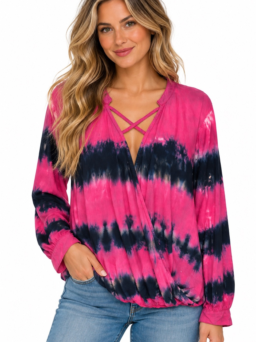Rock & Republic Pink and Black Tie-Dye Wrap Blouse